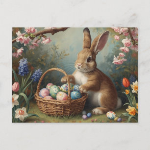 Bunny with Easter Egg Basket and Spring Garden  Holiday Postcard