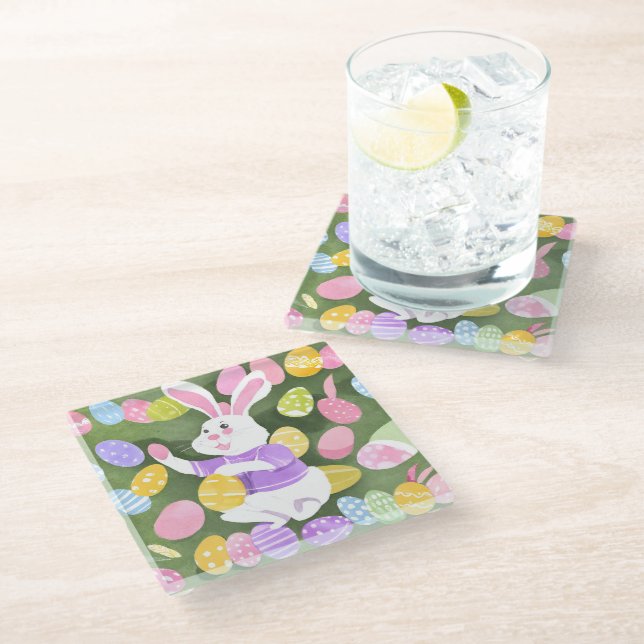 bunny with easter eggs glass coaster (Angled)