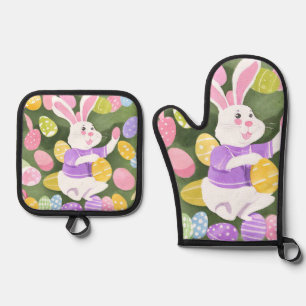 bunny with easter eggs oven mitt & pot holder set