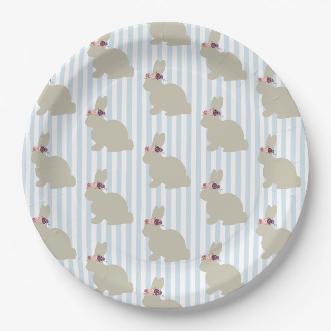 Bunny with Flower Blue Stripe Paper Plate (Front)
