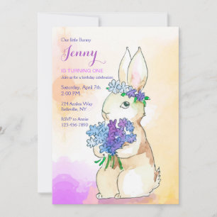 Bunny With Flower Bouquet Birthday Party Invitation