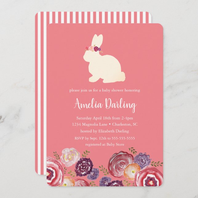 Bunny with Flowers Headband Baby Shower Invitation (Front/Back)