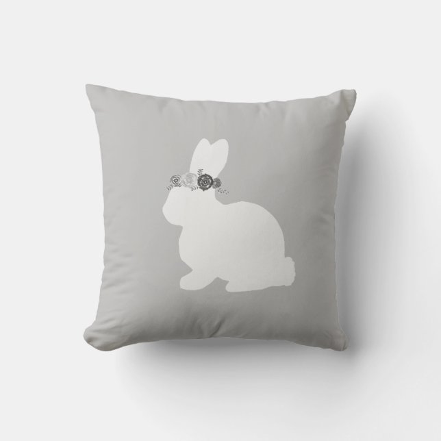 Bunny with Flowers Painting Grey Throw Pillow (Front)