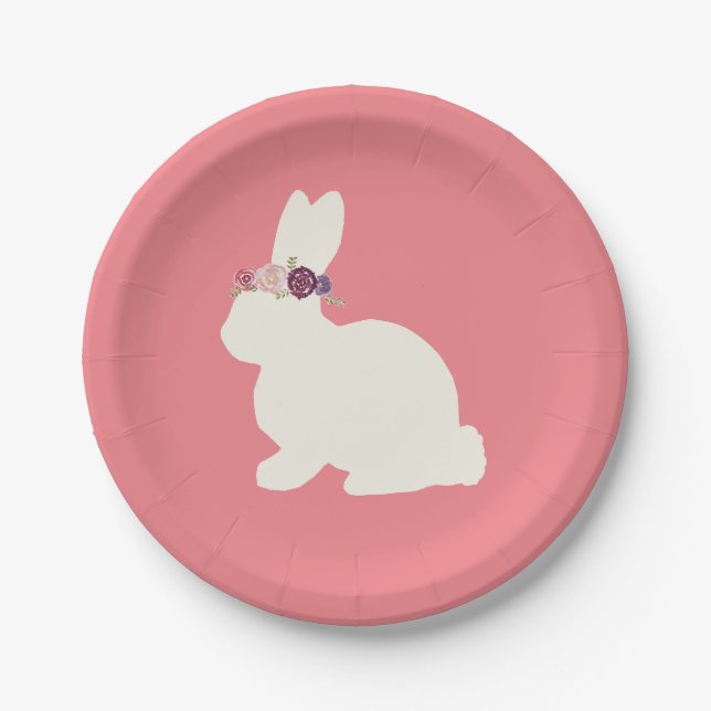 Bunny with Flowers Pink Party Paper Plate (Front)