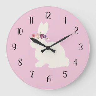 Bunny with Flowers Wreath Pink Decor Large Clock