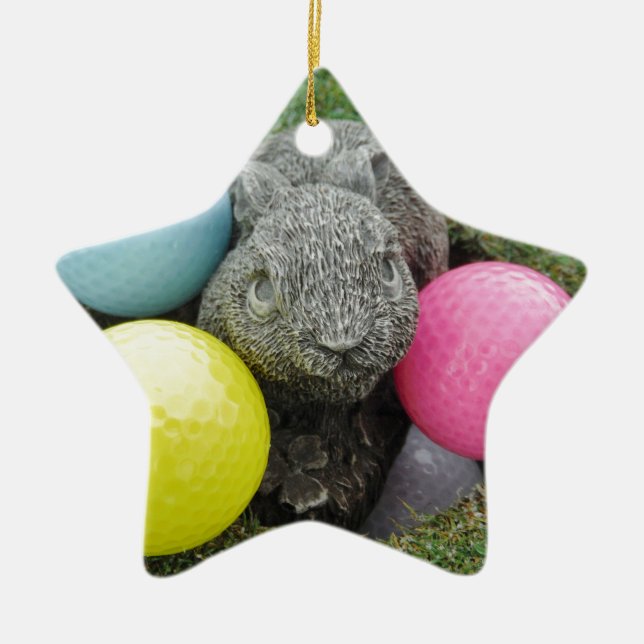 Bunny with pink blue yellow egg ceramic ornament (Front)