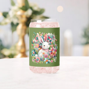 Bunny with Quilt and Flowers Can Glass