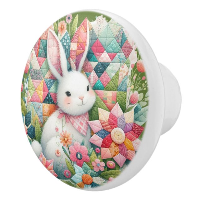 Bunny with Quilt and Flowers Ceramic Knob (Right)