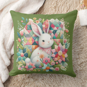 Bunny with Quilt and Flowers Cushion