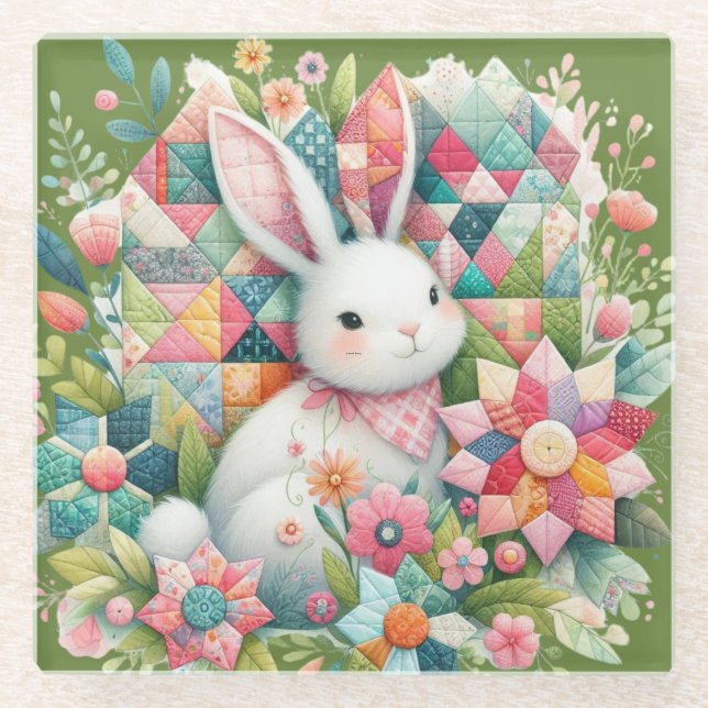 Bunny with Quilt and Flowers Glass Coaster (Front)