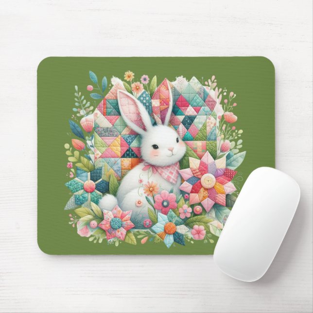 Bunny with Quilt and Flowers Mouse Pad (With Mouse)