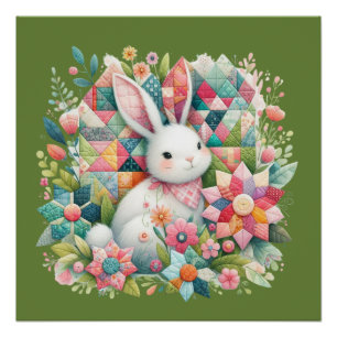 Bunny with Quilt and Flowers Poster