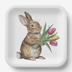 Bunny With Tulip Bouquet Paper Plate
