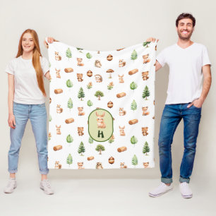 Bunny Woodland Watercolor Animals Pattern Baby Fleece Blanket