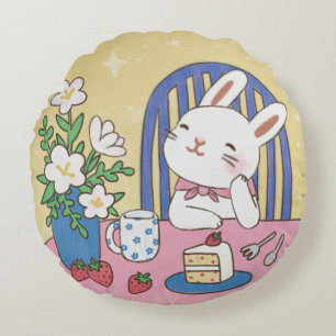 Bunny's Tea Time Illustration Round Cushion