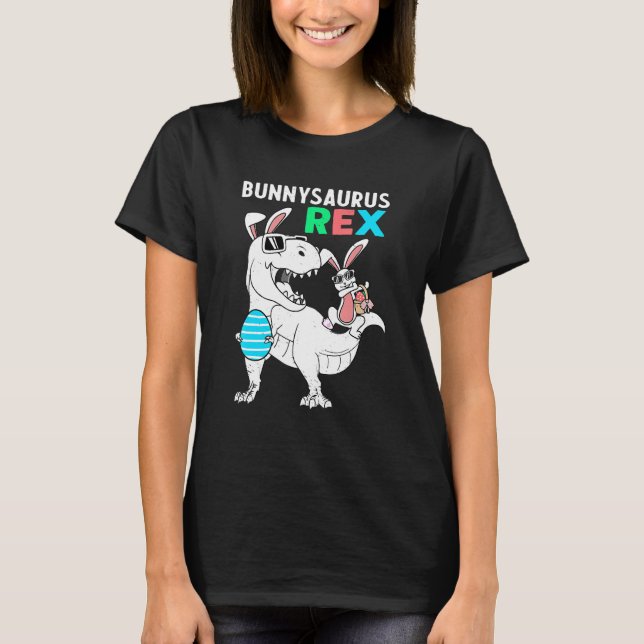 Bunnysaurus Easter Bunny Riding Dinosaur T Rex Egg T-Shirt (Front)