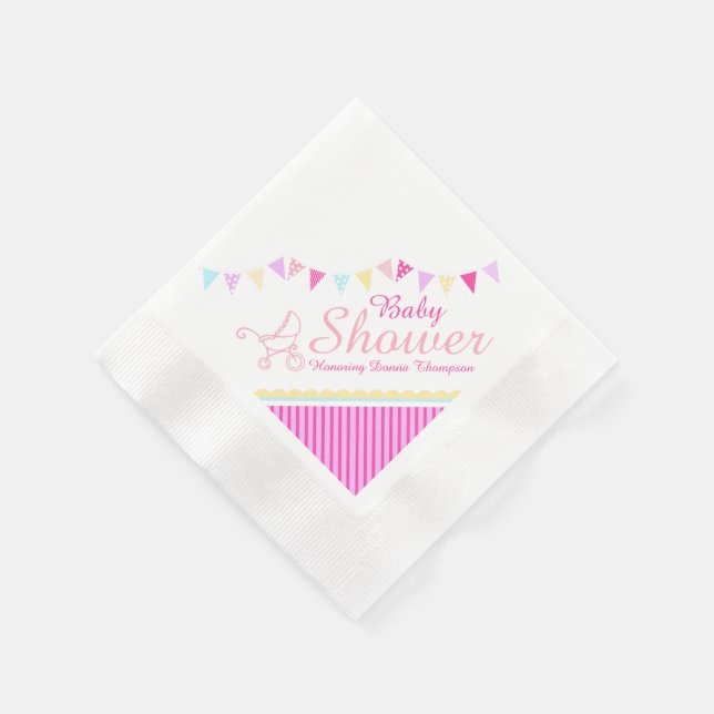 Bunting baby shower pink name paper napkin (Corner)