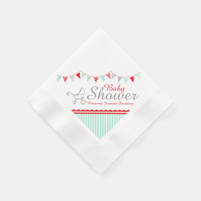 Bunting baby shower red grey name paper napkin (Corner)
