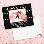 Bunting Flag Birthday Photo Thank you  Postcard<br><div class="desc">Cute bunting flags pink birthday photo thank you postcard. Thank your guest for coming to your child`s birthday party! The design has colourful birthday party bunting flags and a photo in a frame on a black background with white spots - insert your photo into the template. Change the thank you...</div>