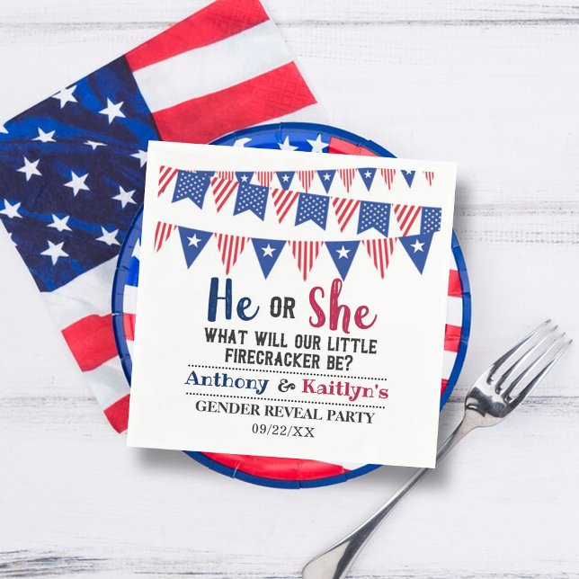 Bunting Flags 4th Of July Gender Reveal Party Napkin (Creator Uploaded)