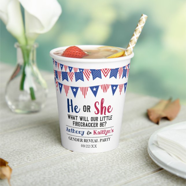Bunting Flags 4th Of July Gender Reveal Party Paper Cups (Insitu)