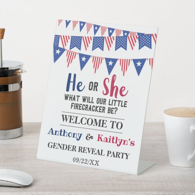 Bunting Flags 4th Of July Gender Reveal Party Pedestal Sign (In SItu)