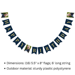Bunting Flags Photo Navy Gold 80th Happy Birthday
