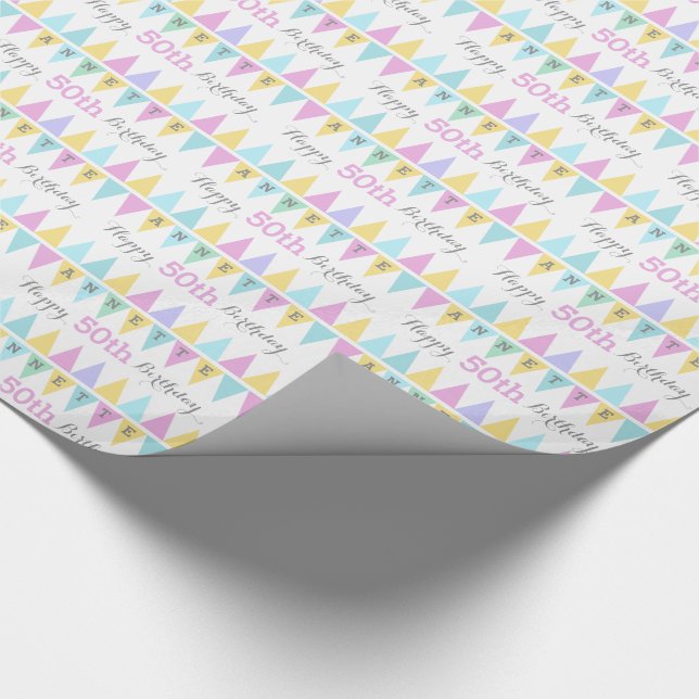 Bunting flags white birthday age 50 patterned wrap wrapping paper (Corner)