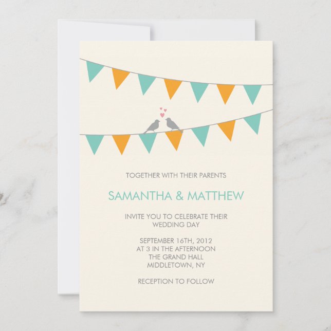 Bunting Love Birds Wedding Invitation Blue Orange (Front)