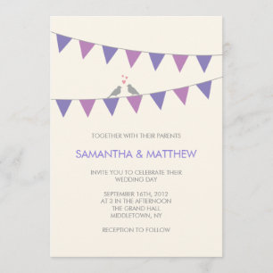 Bunting Love Birds Wedding Invitation Purple