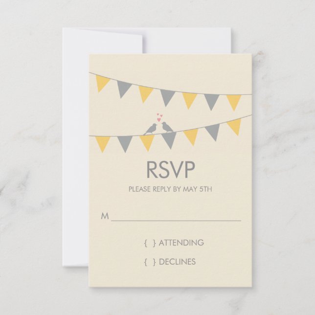 Bunting Love Birds Wedding RSVP - Grey Yellow (Front)