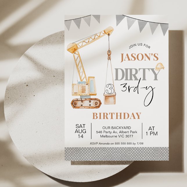 Bunting Yellow Construction Dirty 3rd-y Birthday Invitation (Boys Construction Dirty 3rd-y Birthday Invitation Template, Editable Crane 3rd Birthday Invitation)
