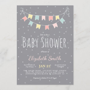 Buntings Baby Shower Invitation Grey Pink Mint