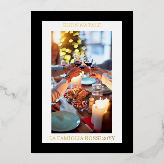 Buon Natale Black Gold Simple Modern Photo  Foil Holiday Card (Front)
