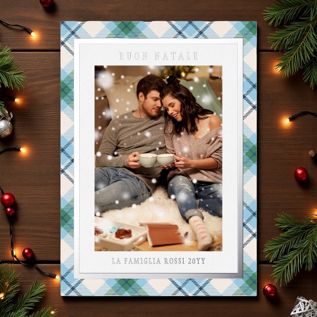 Buon Natale Blue Green Plaid Tartan Photo Foil Holiday Card (Creator Uploaded)