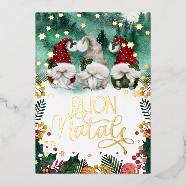 Buon Natale Cute Gnomes Stars Forest Photo  Foil H Holiday Card (Front)