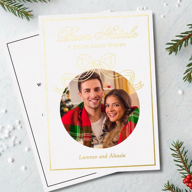 Buon Natale e Felice Anno Nuovo Coquette Bow Photo Foil Holiday Card (Creator Uploaded)