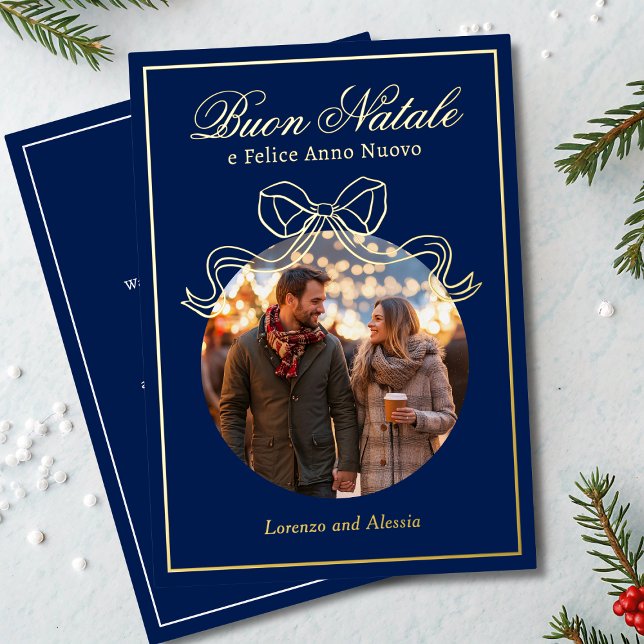 Buon Natale e Felice Anno Nuovo Coquette Bow Photo Foil Holiday Card (Creator Uploaded)