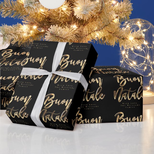 Buon Natale Elegant Black Gold Script Italian Wrapping Paper (Holidays)