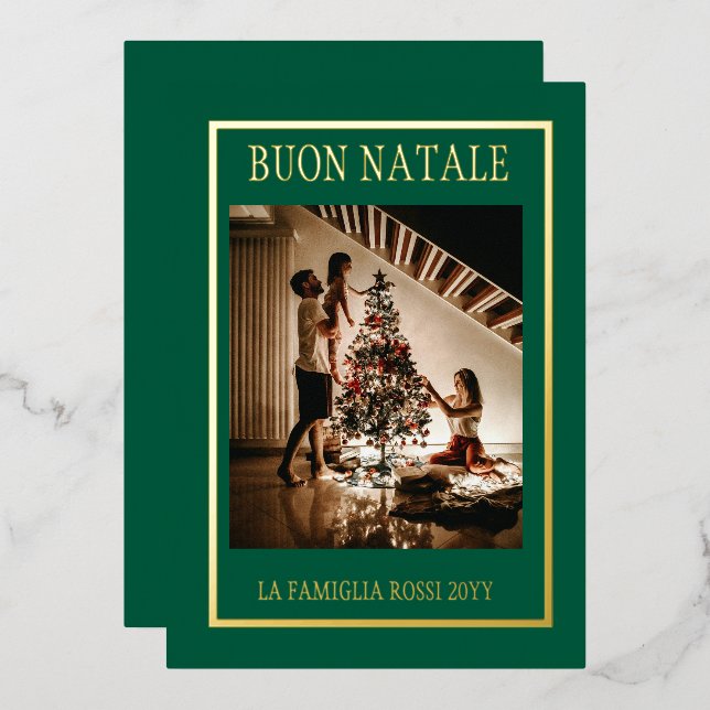 Buon Natale Green & Gold Simple Modern Photo Foil Holiday Card (Front/Back)