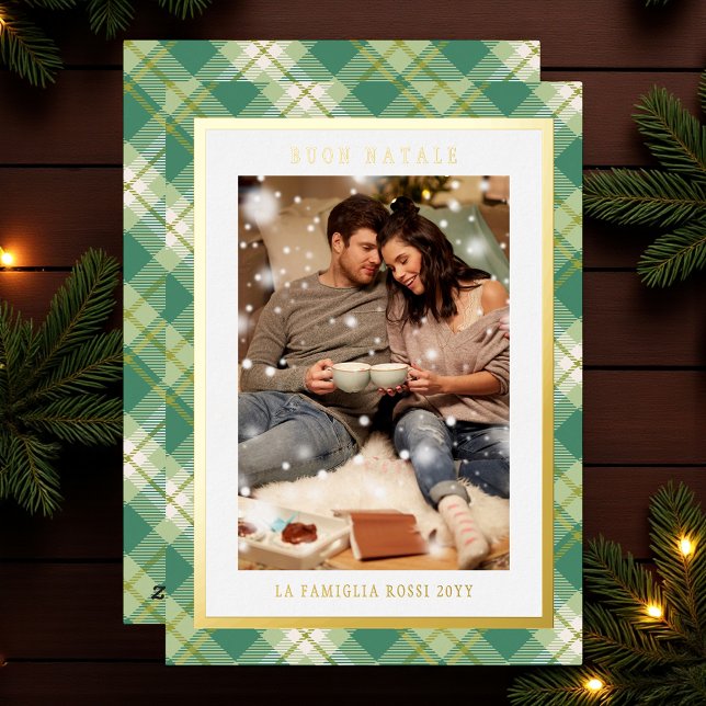 Buon Natale Green Plaid Tartan Photo Foil Holiday Card (Creator Uploaded)