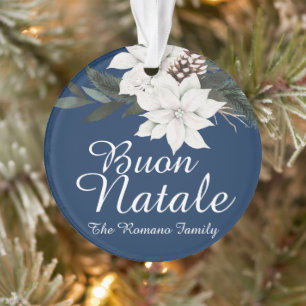 Buon Natale Italian Christmas Floral on Blue Ornament