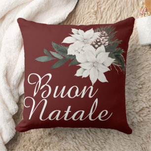 Buon Natale Italian Christmas Floral on Dark Red Cushion