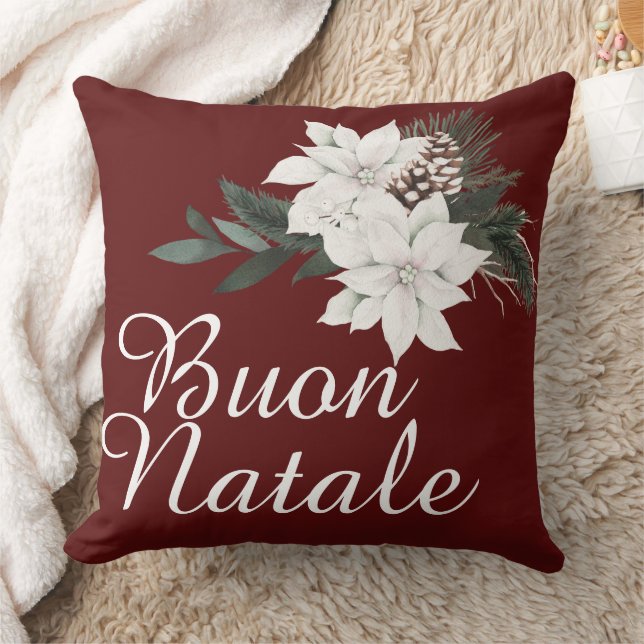 Buon Natale Italian Christmas Floral on Dark Red Cushion (Blanket)