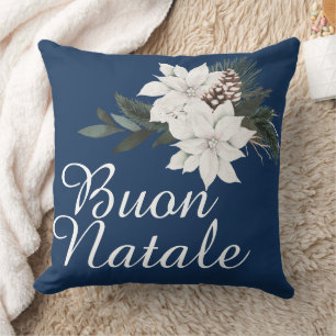 Buon Natale Italian Christmas Floral on Navy Blue Cushion