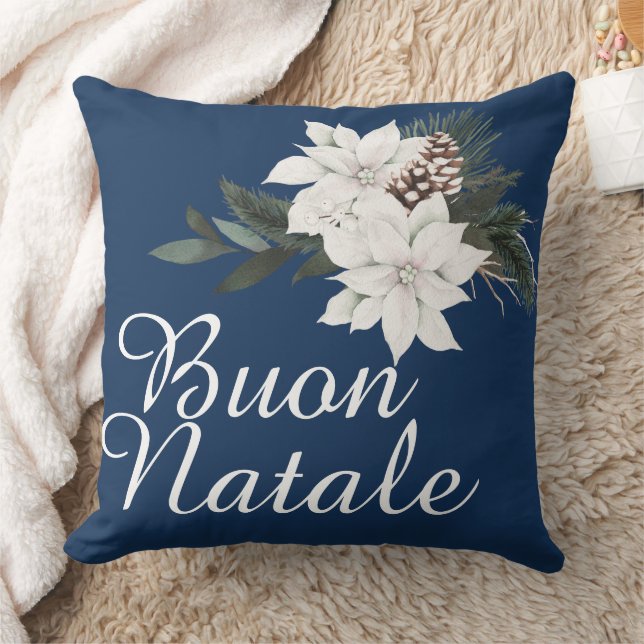 Buon Natale Italian Christmas Floral on Navy Blue Cushion (Blanket)