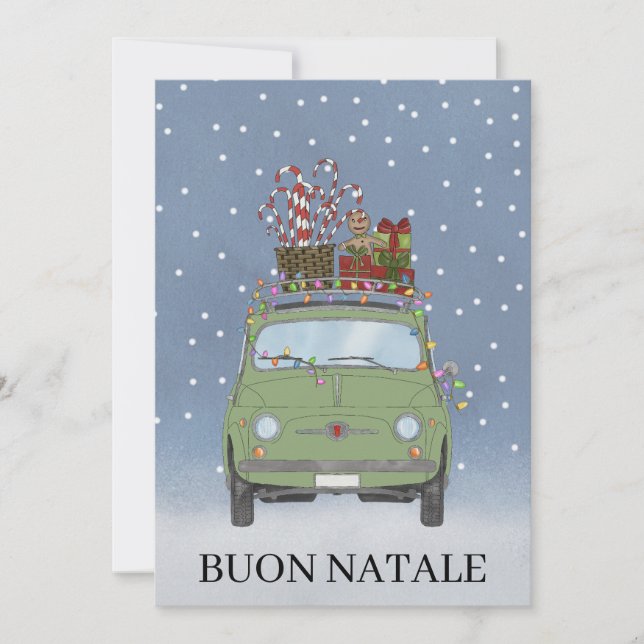 Buon Natale Italian  Christmas Green Fiat 500  Holiday Card (Front)
