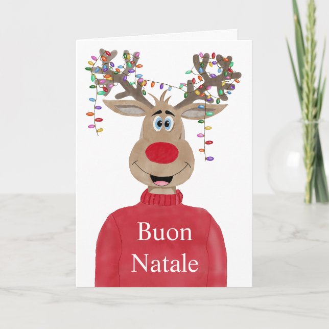 Buon Natale, Italian Christmas Lights Reindeer Holiday Card (Front)