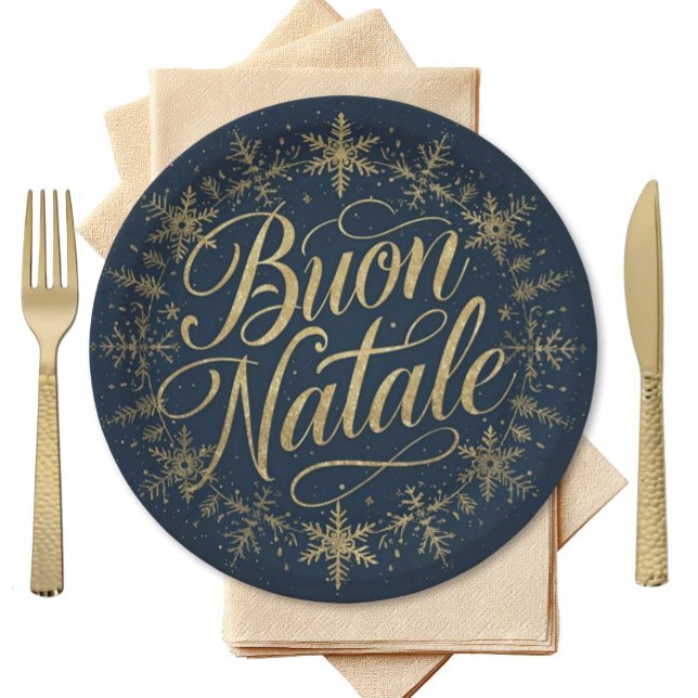Buon Natale Italian Christmas - Navy & Gold Paper Plate (Buon Natale Elegant Navy plate with gold script surrounded by circular snowflakes in gold)