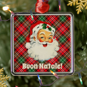Buon Natale Italian Christmas Santa Red Plaid Metal Ornament